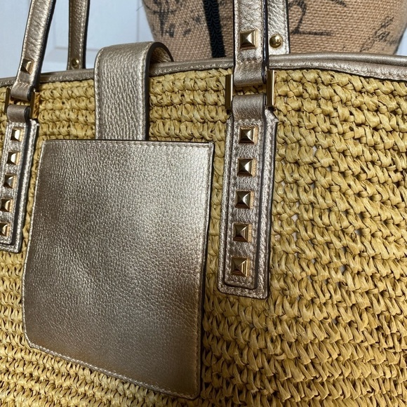 Michael Kors Large Raffia Shoulder Shopper Beach Tote Leather Handles Metal Stud - Picture 5 of 16